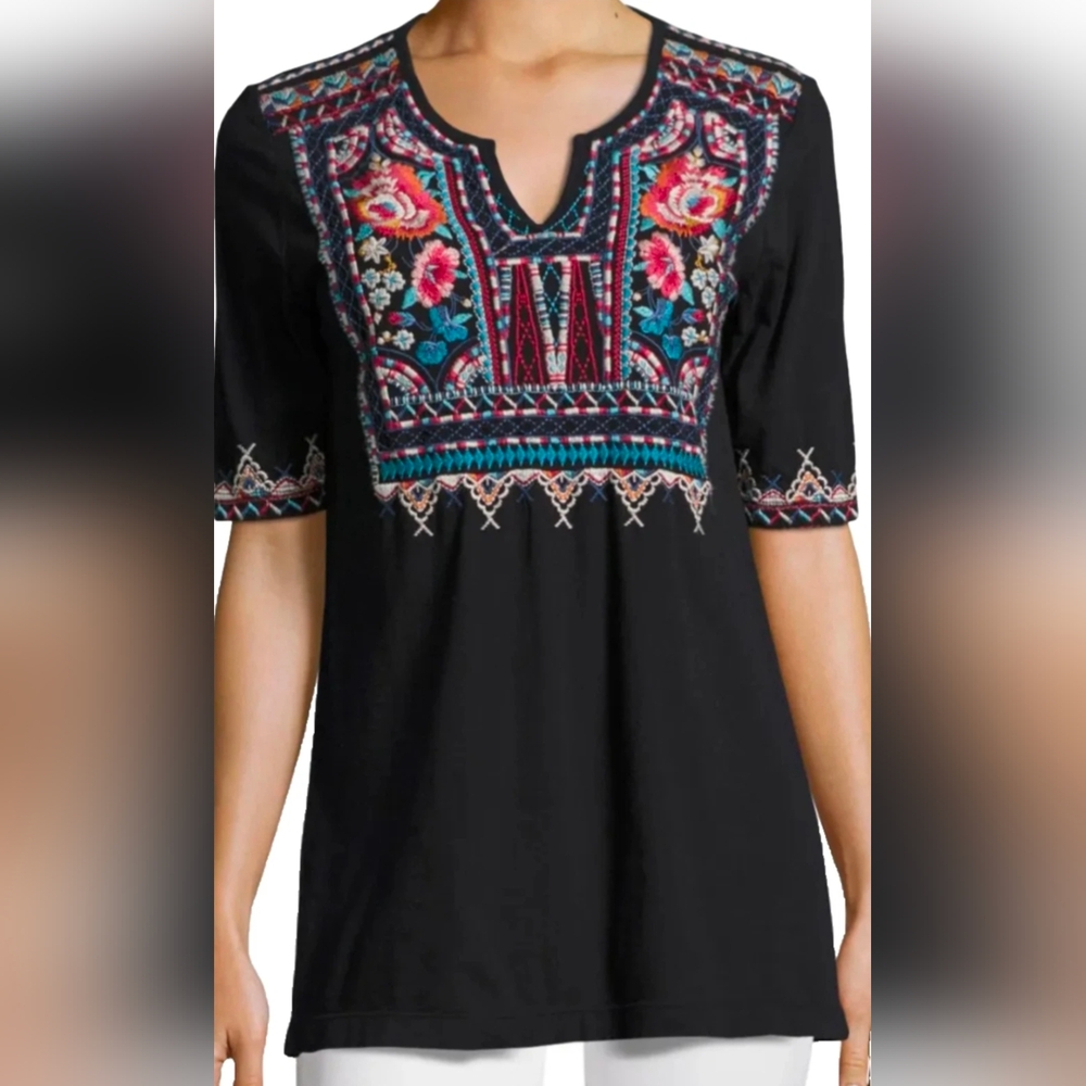 Johnny Was LA Mina Black Short Sleeve Colorful Embroidered Blouse Size XL